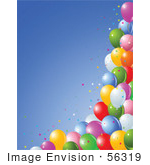 #56319 Royalty-Free (RF) Clip Art Illustration Of A Bottom And Side Border Of Colorful Star Confetti And Party Balloons Against Blue by pushkin