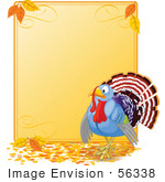 #56338 Royalty-Free (Rf) Clip Art Illustration Of A Turkey Bird By A Blank Thanksgiving Sign With Autumn Leaves