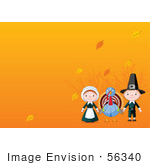 #56340 Royalty-Free (Rf) Clip Art Illustration Of Male And Female Pilgrims With A Thanksgiving Turkey Bird And Autumn Leaves On Orange