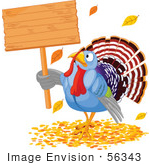 #56343 Royalty-Free (Rf) Clip Art Illustration Of A Thanksgiving Turkey Holding A Blank Wooden Sign In Autumn Leaves