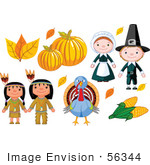 #56344 Royalty-Free (RF) Clip Art Illustration Of A Thanksgiving Digital Collage Of Autumn Leaves, Pumpkins, Pilgrims, Corn, A Turkey And Native Americans by pushkin