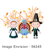 #56345 Royalty-Free (RF) Clip Art Illustration Of A Thanksgiving Turkey Holding Hands With Pilgrims In Front Of Autumn Branches by pushkin