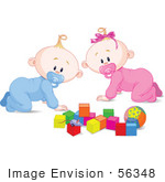 #56348 Royalty-Free (Rf) Clip Art Illustration Of A Baby Boy And Girl Crawing By Toys