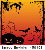 #56353 Royalty-Free (RF) Clip Art Illustration Of A Grungy Halloween Background With Splatters, Bats And Dark Pumpkins by pushkin