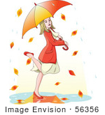 #56356 Royalty-Free (Rf) Clip Art Illustration Of A Blond Woman Dancing In Autumn Rain Under An Umbrella