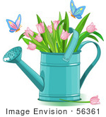 #56361 Clip Art Illustration Of Butterflies Landing On Pink Tulips In A Watering Can