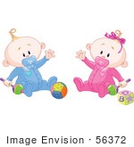 #56372 Royalty-Free (Rf) Clip Art Illustration Of A Baby Boy And Girl Waving And Playing With Toys