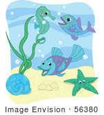 #56380 Royalty-Free (RF) Clip Art Illustration Of A Sea Snail, Starfish, Fish And Seahorse With Bubbles Under The Sea, With A White Border by pushkin