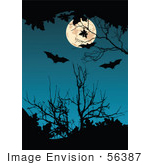 #56387 Royalty-Free (Rf) Clip Art Illustration Of A Dark Blue Background With A Full Moon Bats And Silhouetted Branches