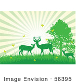#56395 Royalty-Free (Rf) Clip Art Illustration Of A Bursting Sky Behind Green Silhouetted Deer With Yellow Butterflies