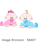 #56407 Clip Art Illustration Of A Twin Baby Boy And Girl With Pacifiers Trying To Crawl