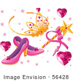 #56428 Royalty-Free (Rf) Clip Art Illustration Of A Digital Collage Of Heart Gems A Tiara Magic Wand And Slippers