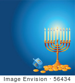 #56434 Royalty-Free (Rf) Clip Art Illustration Of A Glowing Hanukkah Menorah With Gold Coins On A Blue Background