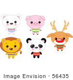 #56435 Royalty-Free (Rf) Clip Art Illustration Of A Digital Collage Of Cute Animals With Big Heads; Polar Bear Pig Lion Panda And Rudolph