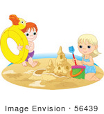 #56439 Royalty-Free (Rf) Clip Art Illustration Of A Brother And Sister Playing With An Innertube And Making A Sand Castle On A Beach