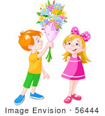 #56444 Clip Art Illustration Of A Red Haired Boy Holding A Flower Bouquet Over A Little Girl