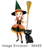 #56455 Royalty-Free (RF) Clip Art Illustration Of A Sassy Little Halloween Witch Girl With A Broom And Kitten by pushkin
