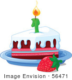 #56471 Royalty-Free (Rf) Clip Art Illustration Of A Strawberry By A Frosted Birthday Cake Slice And A Lit Candle