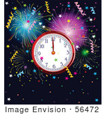 #56472 Royalty-Free (Rf) Clip Art Illustration Of A New Year Clock At Midnight Surrounded By Colorful Fireworks And Confetti Over Navy Blue