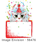#56476 Royalty-Free (Rf) Clip Art Illustration Of A Cute White Tiger Wearing A Party Hat And Looking Over A Blank Snowflake Sign With Confetti