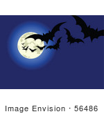#56486 Royalty-Free (RF) Clip Art Illustration Of Fluttering Vampire Bats Silhouetted Against A Blue Full Moon Night Sky by pushkin