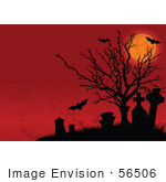 #56506 Royalty-Free (Rf) Clip Art Illustration Of A Spooky Full Moon Dead Tree Bat And Graveyard Halloween Background