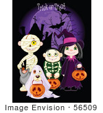 #56509 Royalty-Free (Rf) Clip Art Illustration Of Children And A Dog Trick Or Treating In Mummy Skeleton Ghost And Witch Costumes