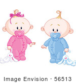 #56513 Royalty-Free (Rf) Clip Art Illustration Of A Baby Girl And Boy Dragging A Stuffed Bunny