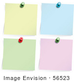 #56523 Royalty-Free (RF) Clip Art Illustration Of A Digital Collage Of Four Memos Pinned To A Wall; Yellow, Blue, Green And Pink by pushkin