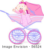 #56524 Clip Art Illustration Of A Waving Baby Girl With A Blanket And Pacifier In A Carriage