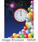 #56525 Royalty-Free (RF) Clip Art Illustration Of A New Year Clock At Midnight, Over A Blue Sky With Fireworks And Colorful Party Balloons by pushkin