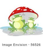 #56526 Clip Art Illustration Of An Adult Frog Holding A Mushroom Umbrella Over A Baby Frog On A Rainy Day by pushkin