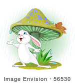 #56530 Clip Art Illustration Of A Wild White Bunny Rabbit Standing Under A Mushroom, Reaching Out To Catch Rain Drops In His Hand by pushkin