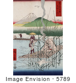 #5789 Photo Of Herons Near Men With Rafts On The Sagami River With A View Of Mt Fuji Japan