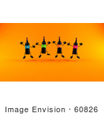 #60826 Royalty-Free (Rf) Illustration Of A Happy Group Of 3d Black Wine Bottle Mascots Jumping