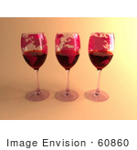 #60860 Royalty-Free (Rf) Illustration Of Three 3d Glasses Of Red Wine With Continents On The Glass - Version 2