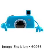 #60966 Royalty-Free (Rf) Illustration Of A 3d Blue Camera Boy Character Pointing Down And Standing Behind A Blank Sign
