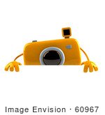#60967 Royalty-Free (Rf) Illustration Of A 3d Yellow Camera Boy Character Standing Behind A Blank Sign