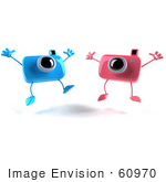 #60970 Royalty-Free (Rf) Illustration Of Two 3d Pink And Blue Camera Boy And Girl Mascots Jumping - Version 2