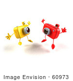 #60973 Royalty-Free (Rf) Illustration Of Two 3d Yellow And Red Camera Boy Mascots Jumping - Version 1