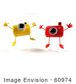 #60974 Royalty-Free (Rf) Illustration Of Two 3d Yellow And Red Camera Boy Characters Jumping - Version 2