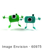#60975 Royalty-Free (Rf) Illustration Of Two 3d Green Camera Boy Characters Jumping - Version 1