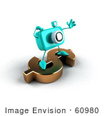 #60980 Royalty-Free (Rf) Illustration Of A 3d Turquoise Camera Boy Character Standing On A Gold Dollar Symbol - Version 2