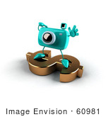 #60981 Royalty-Free (Rf) Illustration Of A 3d Turquoise Camera Boy Character Standing On A Gold Dollar Symbol - Version 1