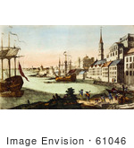 #61046 Royalty-Free Historical Illustration Of People And Boats In The Harbor Boston Massachusetts