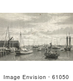 #61050 Royalty-Free Historical Illustration Of A Sepia Engraving Of Boats At The West End Of The Navy Yard In Boston