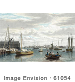 #61054 Royalty-Free Historical Illustration Of People And Boats At The West End Of The Navy Yard In Boston