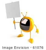 #61076 Royalty-Free (Rf) Illustration Of A 3d Yellow Square Television Character Holding Up A Blank Sign - Version 4