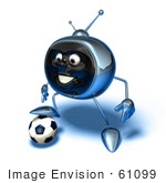 #61099 Royalty-Free (Rf) Illustration Of A 3d Chrome Tv Character Playing Soccer - Version 12