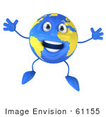 #61155 Royalty-Free (Rf) Illustration Of A 3d Blue And Yellow Globe Character Jumping